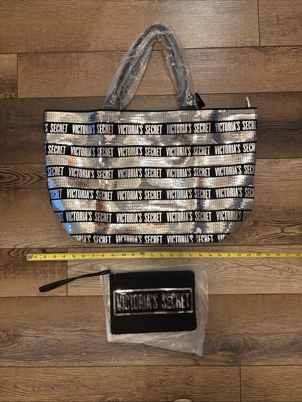Victoria's Secret Silver Sequin Logo Tote with Coordinating Sequin Wristlet